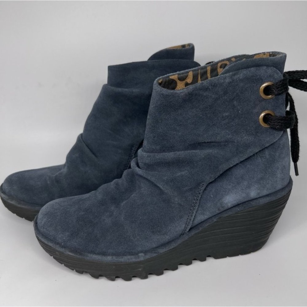 Fly London Navy Blue Yama Suede Tie Back Wedge Ankle Booties